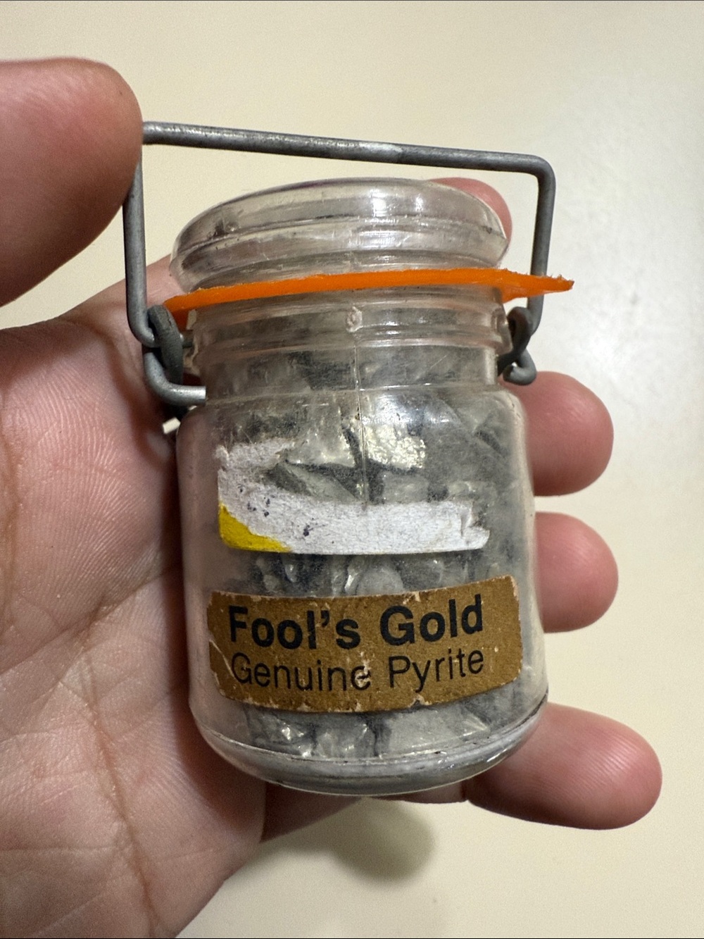 Fool's Gold Genuine Pyrite Jar - Clear Glass with Orange Seal